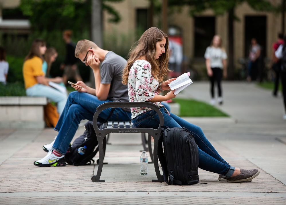 many students outside studying, visiting, or walking